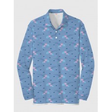 Full-Print Trendy Childlike Drawing Floral Pattern Printing Men‘s Long Sleeve Polo