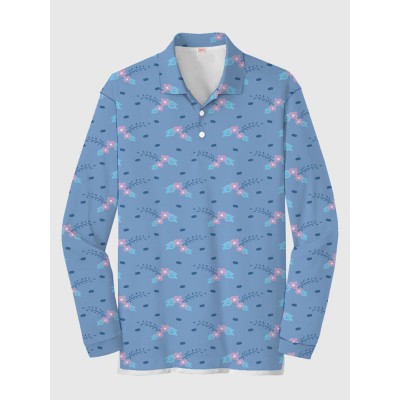 Full-Print Trendy Childlike Drawing Floral Pattern Printing Men‘s Long Sleeve Polo