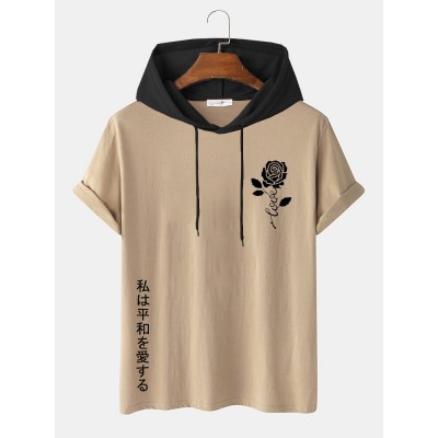 Mens Japanese Rose Print Short Sleeve Drawstring Hooded T  Shirts