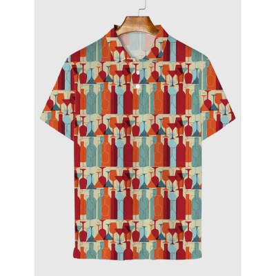 Contrasting Color Block Art Bottles And Cups Pattern Printing Men‘s Short Sleeve Polo