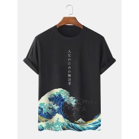 Mens Japanese Wave Print Crew Neck Short Sleeve T  Shirts