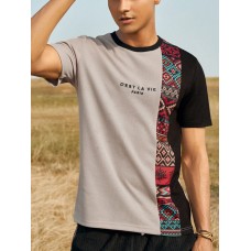 Mens Letter Ethnic Asymmetric Print Short Sleeve O Neck T  Shirts