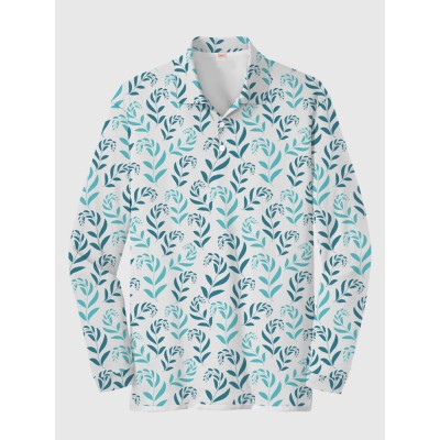 Cycle-Print Abstract Hawaiian Art Natural Leaves Printing Men‘s Long Sleeve Polo