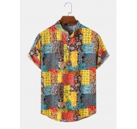 Mens Scarf Print Paisley Spliced Half Collar Short Sleeve Buttons Shirts