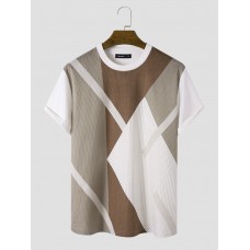 Mens Irregular Color Block Striped Crew Neck Short Sleeve T  Shirts