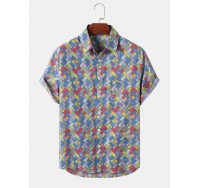 Mens Square Print Retro Short Sleeve Lapel Shirts