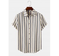 Mens Striped Button Up Lapel Daily Short Sleeve Shirts