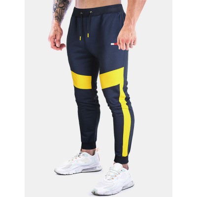 Men Jogger Sweatpants Colorblock Elastic Waist Ankle Length Pants