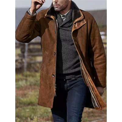 Mens Vintage Solid Color Warm Mid  Length Woolen Coats With Pocket