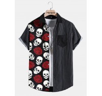 Mens Rose Skull Print Pinstripe Patchwork Short Sleeve Shirts