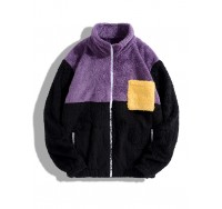 Men Contrast Color Teddy Plush Patch Pocket Zip Stand Color Jackets