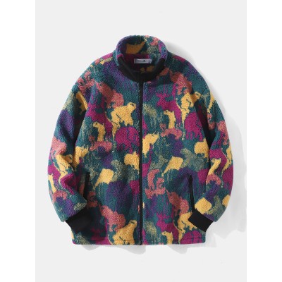 Men Polar Fleece Tie Dye Stand Collar Pockets Zip Cardigans Jacket Coat