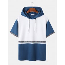 Mens Geometric Pattern Ribbon Patchwork Short Sleeve Hooded T  Shirts